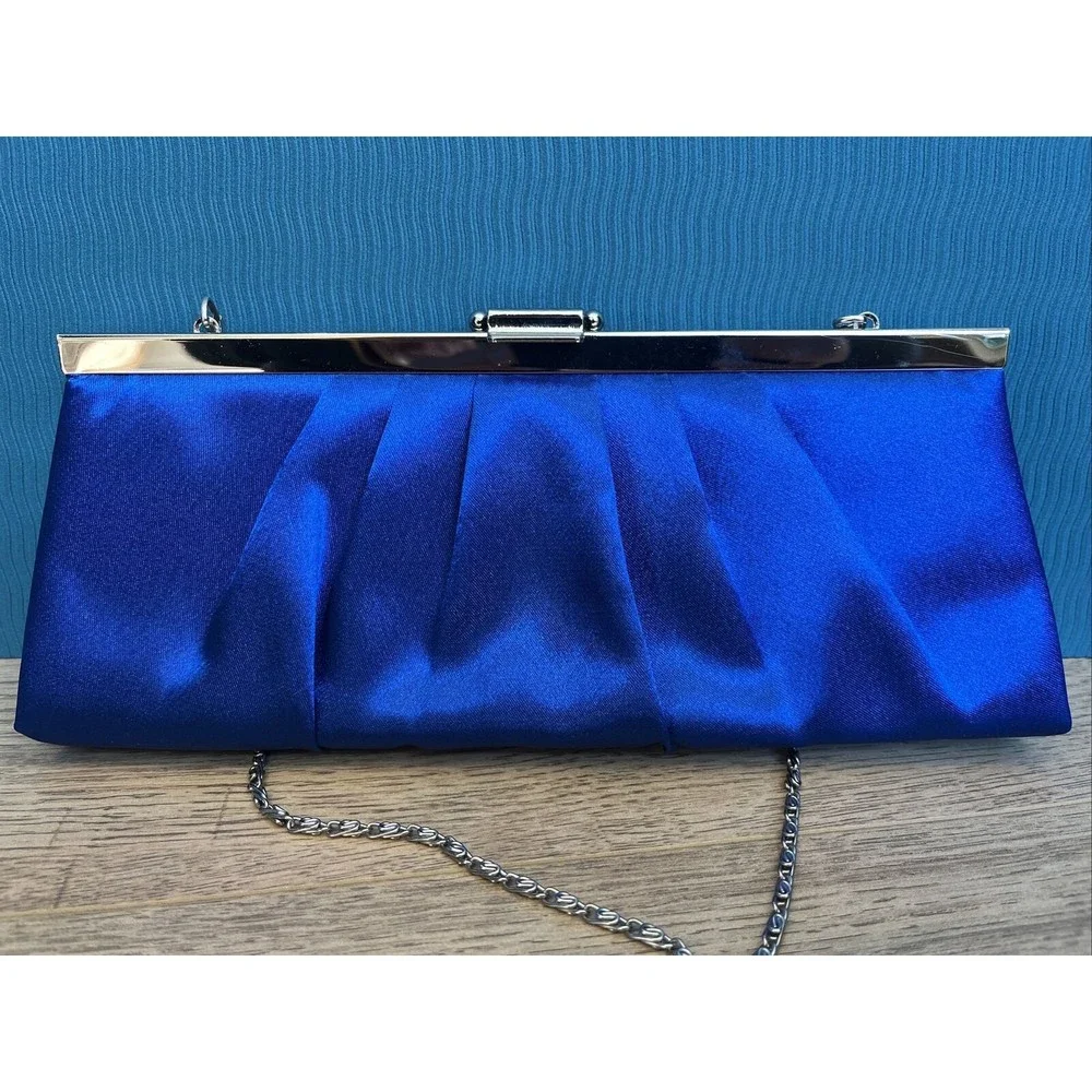 VTG Jessica McClintock Blue Satin Clutch Optional Chain Silver Snap Close